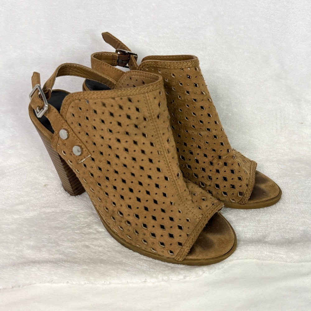 Indigo Rd Perforated Peep Toe Slingback Block Heel Booties Tan Women's 6M